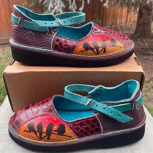Unique One-of-a-Kind Hand-Painted Leather Sunset Birds Mary Jane Flat UK 6 US 8